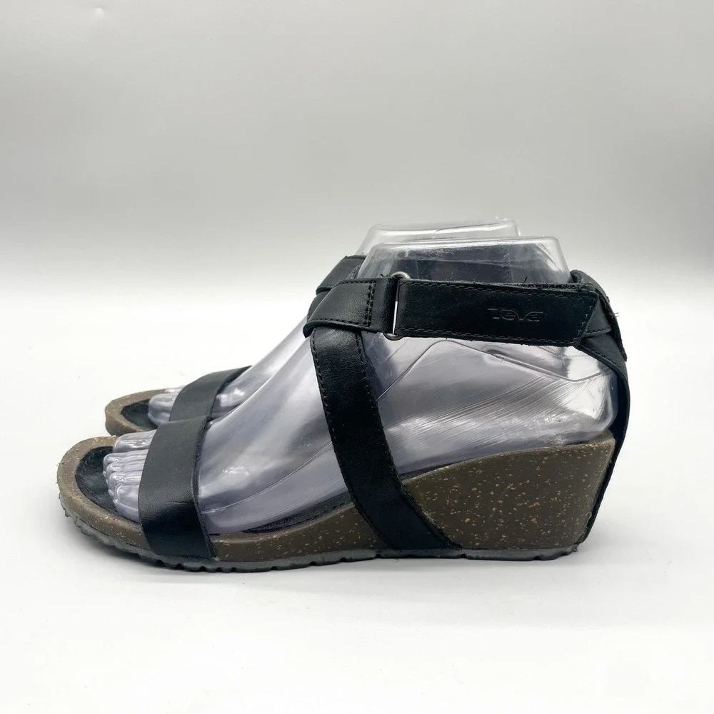 Teva Womens 6.5 Cabrillo Wedge Strappy Sandals Black Leather Gorpcore Boho Heel